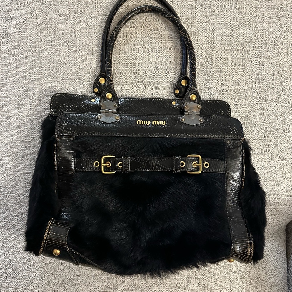 Vintage Miu Miu Black Leather & Fur Handbag | Y2K Designer Buckle Bag | Rare